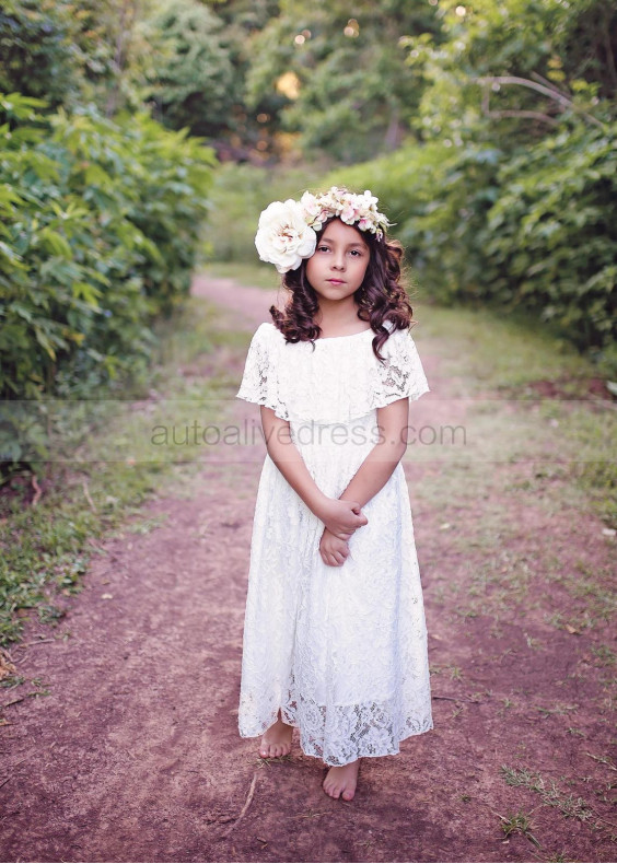 Cape Sleeve White Lace Ankle Length Flower Girl Dress